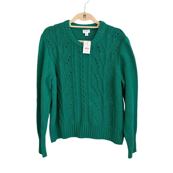 J.Crew Sweater Womens XL Lamb Wool Cable Open Knit Warm Cozy Pullover Green NWT - Picture 1 of 7